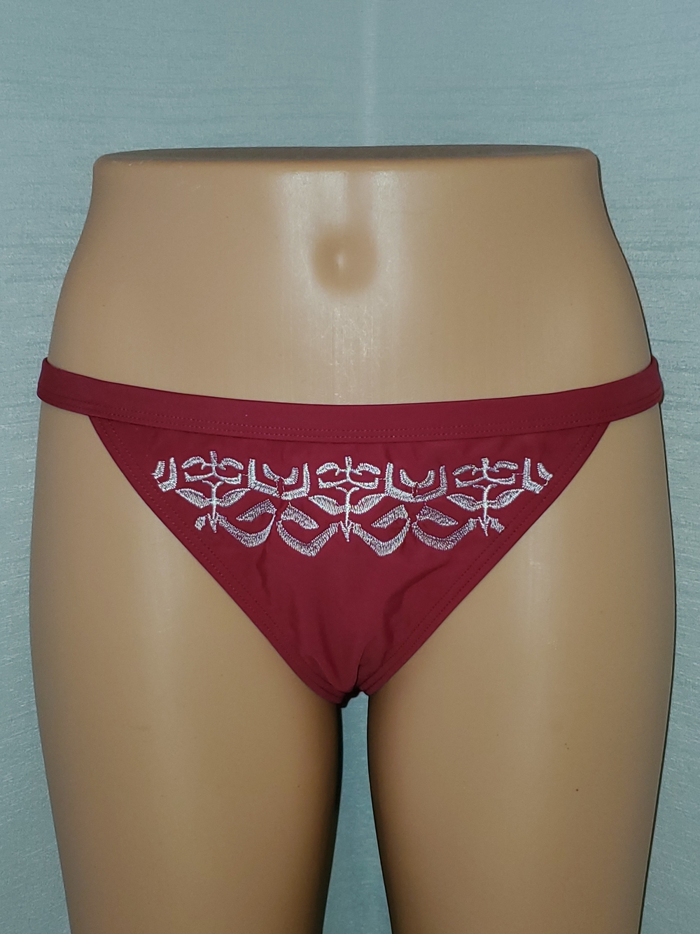 MINKPINK Berry Red Bikini Bottoms with Metallic Embroidery